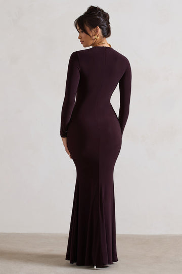 Tianna Dark Plum Plunge-Neck Twisted Split Maxi Dress